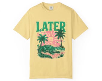 Camiseta Later Alligator / Retro Sunset, Palmeras, Gráfico de cocodrilo