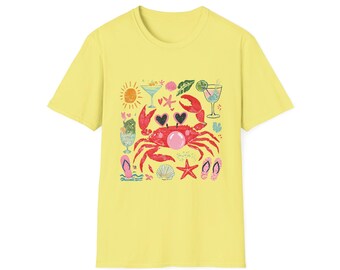 Camiseta con escena playera de cangrejo rojo caprichosa / Conchas marinas veraniegas costeras, cóctel