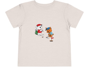 Camiseta para niños pequeños con perros jugando al golf / Ilustración de un cachorro juguetón jugando al minigolf