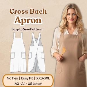No Tie Cross Back Apron Sewing Pattern PDF, Japanese Apron with Pockets XXS–3XL