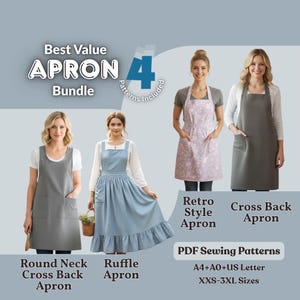 Puede incluir: Imagen que muestra un paquete de cuatro patrones de delantal. Los delantales incluyen un delantal de cuello redondo con espalda cruzada, un delantal con volantes, un delantal de estilo retro y un delantal con espalda cruzada. Se muestra el texto "Best Value APRON Bundle".