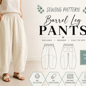 May include: A sewing pattern for barrel leg pants featuring a line drawing of the front and back of the garment. The text reads SEWING PATTERN Barrel Leg PANTS RELAXED MODERN EASY TO SEW XS-2XL SIZES A4/US LETTER A0 COPY SHOP INSTANT DOWNLOAD PRINTABLE PDF FILES.