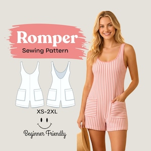 May include: A pink and white vertical striped romper with a scoop neckline and two front pockets. The image includes text reading Romper Sewing Pattern, XS-2XL, and Beginner Friendly, alongside a technical line drawing of the garment front and back.