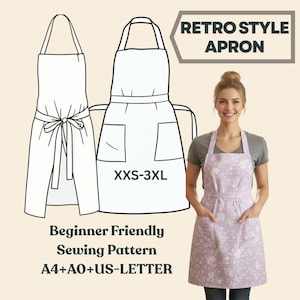 Molde para avental estilo retrô, tamanhos XXS a 3XL, avental com peitilho e bolsos, download em PDF