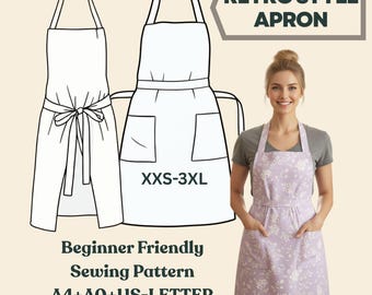 Retro Style Apron Sewing Pattern, XXS–3XL Sizes, Bib Apron with Pockets, PDF Download