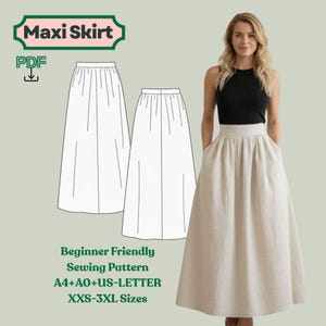 May include: A maxi skirt sewing pattern with a line drawing of the skirt and a woman wearing a beige maxi skirt. The text on the image says "Maxi Skirt", "Beginner Friendly Sewing Pattern", and "XXS-3XL Sizes".