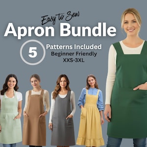 May include: Image of an apron bundle with five patterns, beginner-friendly, and sizes from XXS to 3XL. The aprons are in various colors, including green, brown, gray, and yellow. The text "Easy to Sew Apron Bundle" is displayed at the top.