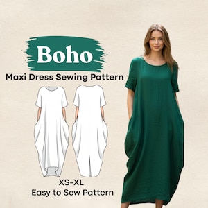 Boho Maxi Dress Sewing Pattern PDF, Round Neck Loose Fit Summer Dress  XS-XL