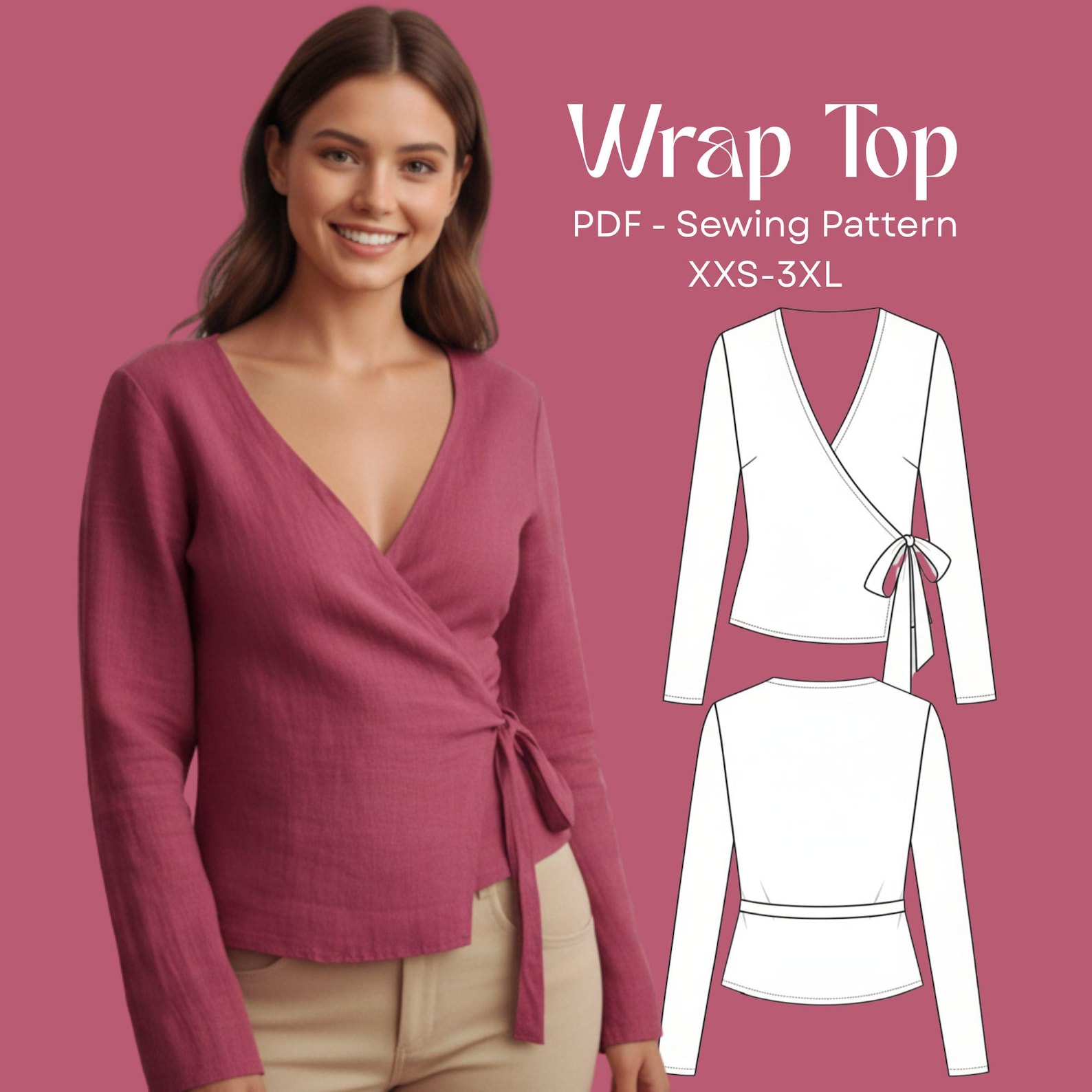 Wrap Top Sewing Pattern PDF: Women Wrap Blouse Pattern, Long Sleeve Tie ...