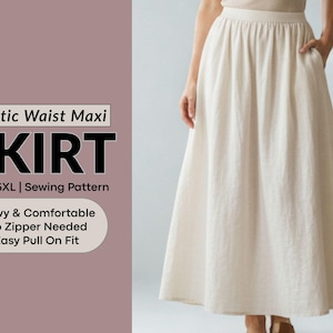 May include: A cream elastic waist maxi skirt. The skirt is flowy and comfortable, with an easy pull-on fit. The image includes text that reads "Elastic Waist Maxi SKIRT XXS-3XL | Sewing Pattern".