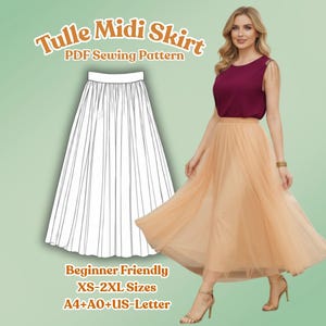 May include: A woman wearing a peach-colored tulle midi skirt and a burgundy top. A line drawing of the skirt is to the left. Text on the image reads "Tulle Midi Skirt PDF Sewing Pattern" and "Beginner Friendly XS-2XL Sizes A4+A0+US-Letter."