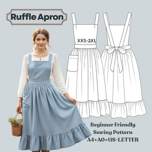 Modello di cucito per grembiule con volant in PDF, grembiule in stile vintage con tasche, modello di grembiule scamiciato, XXS–3XL