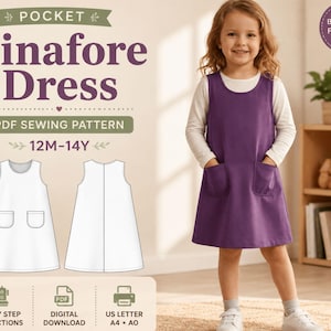 Könnte beinhalten: Ein PDF-Schnittmuster für ein Trägerkleid mit Taschen in den Größen 12M-14Y. Die Grafik enthält den Text POCKET Pinafore Dress, PDF SEWING PATTERN, 12M-14Y, BEGINNER FRIENDLY, STEP BY STEP INSTRUCTIONS, DIGITAL DOWNLOAD und US LETTER A4 A0.