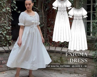 Enigma Dress PDF Sewing Pattern & Tutorial | Classic Scoop Neckline Smocked Midi with Signature Bow Tie Front | US 0-18 | Digital Download