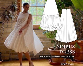 Nimbus Dress PDF Sewing Pattern & Tutorial | Sleeveless A Shape Airy Volume Silhouette Stepped Hem with Pockets | US 0-18 | Digital Download