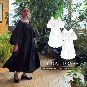 Könnte beinhalten: Eine Frau trägt ein schwarzes Kleid mit voluminösen Ärmeln und einem Schnürhalsausschnitt. Das Bild zeigt auch eine Strichzeichnung des Kleides und den Text "TIDAL DRESS" und "PDF DIGITAL PATTERN US SIZE 0 - 18". Die Person trägt schwarze Schuhe.