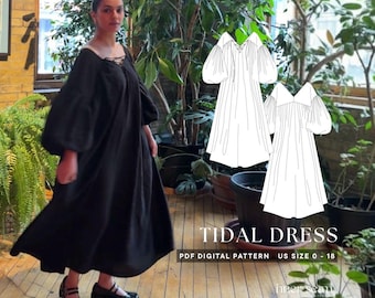 Getijdenjurk pdf naaipatroon en zelfstudie | Lantaarnmouwen met V-hals en veters | Volumineuze trapeze Rustige luxe | VS 0-18 | Digitale download