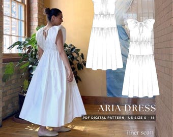 Aria Dress PDF Sewing Pattern & Tutorial | Sculptural Sleeveless Puff-Shoulder Gathered V-Back A-Line Midi | US 0-18 | Digital Download