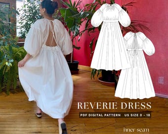 Reverie Dress PDF Sewing Pattern & Tutorial | Backless Balloon Sleeve Waist-Tie Crisp Pleated Oversized A-Line | US 0-18 | Digital Download