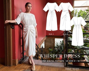Fluisterjurk pdf naaipatroon en zelfstudie | Boothals kimonomouwen knoopdetail | Rustige luxe sculpturale capsule | VS 0-18 | Digitaal