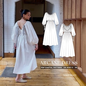 Arcane Dress PDF Sewing Pattern & Tutorial | Voluminous Gathered Deep V-Back Lantern Sleeves Midi with Pockets | US 0-18 | Digital Download