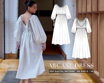 Arcane Dress PDF Sewing Pattern & Tutorial | Voluminous Gathered Deep V-Back Lantern Sleeves Midi with Pockets | US 0-18 | Digital Download