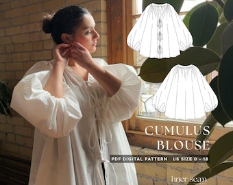 Cumulusblouse PDF naaipatroon en zelfstudie | Ballonmouwen met V-hals strikken aan de voorkant | Sculpturaal volumineus rustige luxe | VS 0-18 | Digitaal