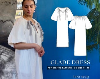 Glade Dress PDF Sewing Pattern & Tutorial | Oversized Lantern Sleeve Drawstring V-Neck Midi with Pockets | US 0-18 | Digital Download
