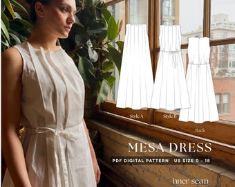 Mesa Dress PDF Sewing & Pattern Tutorial | Sleeveless Pleated Neck A-Line Midi Dress with Pockets and Tie Belt | Detailed Tutorial | US 0-18