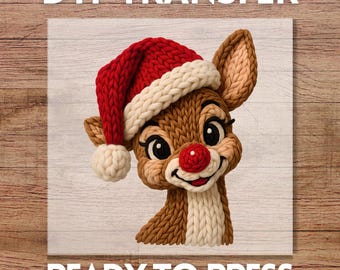 Faux Latch Hook Crochet Christmas Deer DTF Transfer, Ready to Press Santa Claus Design