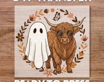 Boo Ghost Highland Cow DTF Transfer, Ready to Press Funny Halloween Design