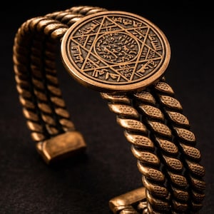 May include: A bronze cuff bracelet with a detailed circular centerpiece. The centerpiece features an intricate star design with script. The bracelet's band is made of three twisted rope strands.