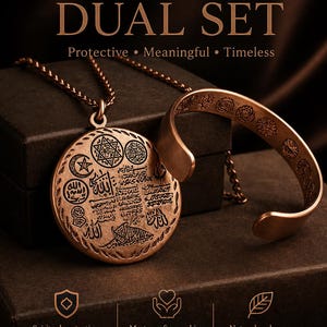 May include: A copper dual set featuring a pendant necklace and a cuff bracelet. The pendant is round with engraved symbols and text. The cuff bracelet has an open design. The set is made of pure copper.