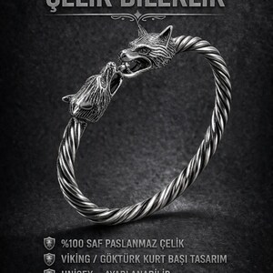 May include: A silver-coloured steel cuff bracelet featuring two detailed wolf head terminals facing each other. The band has a twisted rope texture. The text on the image reads: EL YAPIMI ÇELİK BİLEKLİK, %100 SAF PASLANMAZ ÇELİK, VİKING / GÖKTÜRK KURT BAŞI TASARIM, UNISEX - AYARLANABİLİR, GÜÇ, CESARET VE KORUYUCU ANLAM TAŞIR, PREMIUM KOLEKSİYON ÜRÜNÜ.