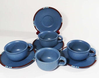 DANSK MESA BLUE Set of 4 Cups and Saucers - Southwest Style / Made in Japan 1990's / Mid Century Modern