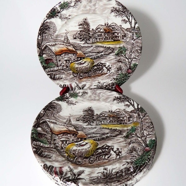 Vintage 7.75" STAFFORDSHIRE YORKSHIRE Multicolor Set /4 Ironstone Salad or Dessert Plates / Made in England