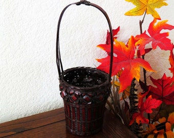 Vtg ASIAN IKEBANA Flower Arranging Woven Basket - HANAGAKO Sustake Smoked Bamboo / 11" Tall / Lacquered Asian Decor Basket