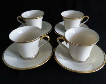 Vintage LENOX USA &quot;Eternal&quot; Footed Cup and Saucer Sets (Lot of 4) / Cream w Gold Detailing / Porcelain Tea Set / Lenox Fine China