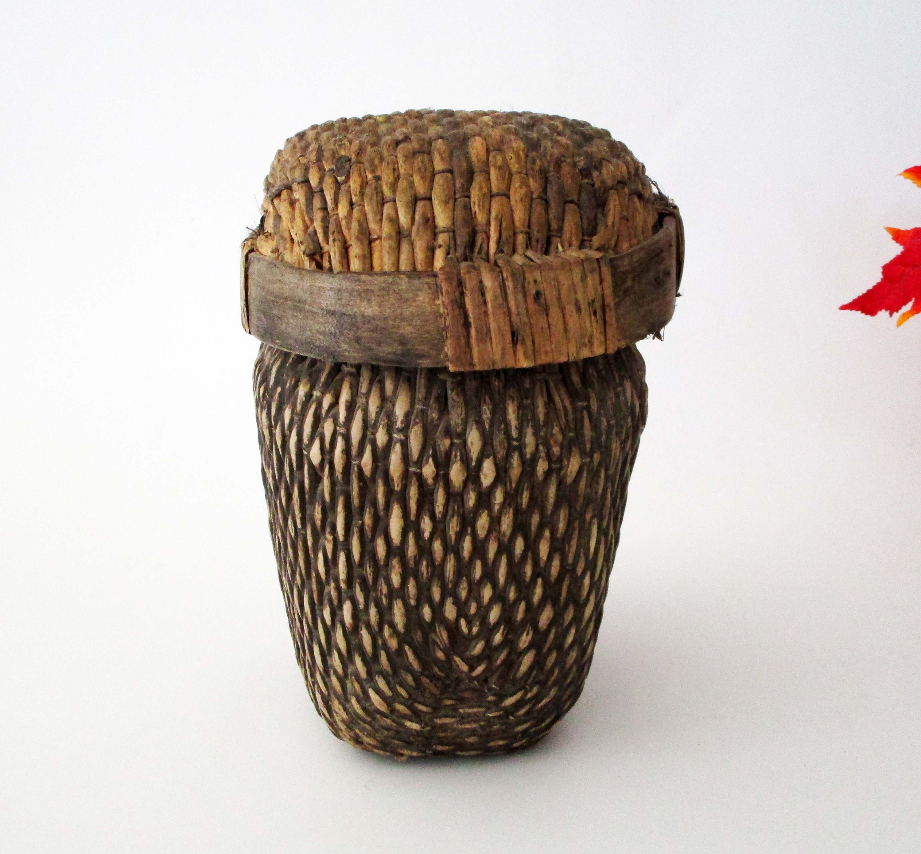 Antique ASIAN Willow FISH BASKET W Lid From Lacquered Natural