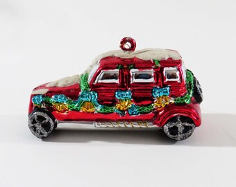 Vtg Blown Glass RED STATION WAGON Ornament - Hand Painted with Glitter / Christmas Tree Decoration