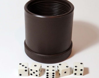 Vintage 1977 SAN FRANCISCO DICE Cup with 5 Dice - / Lg Grip Cup has Brown Double Stitching and rubber rim inside / Vinyl/Leather Dice Cup