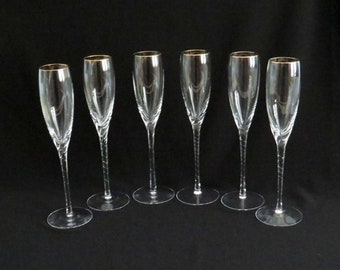 Vintage LENOX ENCORE GOLD Champagne Flutes w Swirl Stems - 9 3/8" Tall - Set of 6, Full Lead Crystal