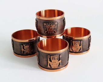 Vintage Set/4 HAMMERED COPPER Polished Peruvian INCA Themed Napkin Rings - Set of 4 Copper Napkin Rings / 3" Long / Elegant Dining Decor