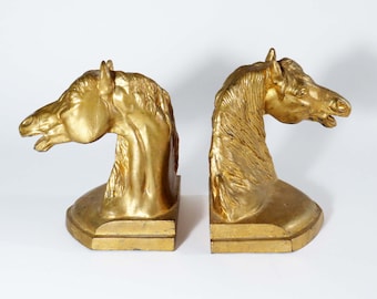 Vintage Set/2 Gold Metal HORSE HEAD BOOKENDS-Door Stops / Horse Lover's Bookends / M C M Decor for Office ~ Home Decor