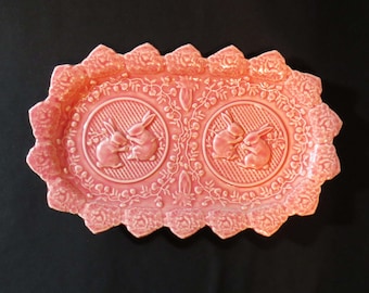 Bordallo Pinheiro Pink RABBIT PLATTER Sandwich Tray  13" x 8" Pink Cabbage Leaf w Rabbits / Hand-Made Portugal / Rabbit Collectible