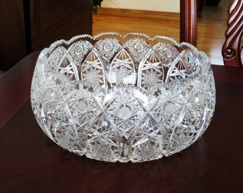 ABP American Brilliant Crystal 9" Bowl w Sawtooth Edge, Hobstars, Arches, & large Cut Crystal Center Star / Early 1900's Crystal Centerpiece