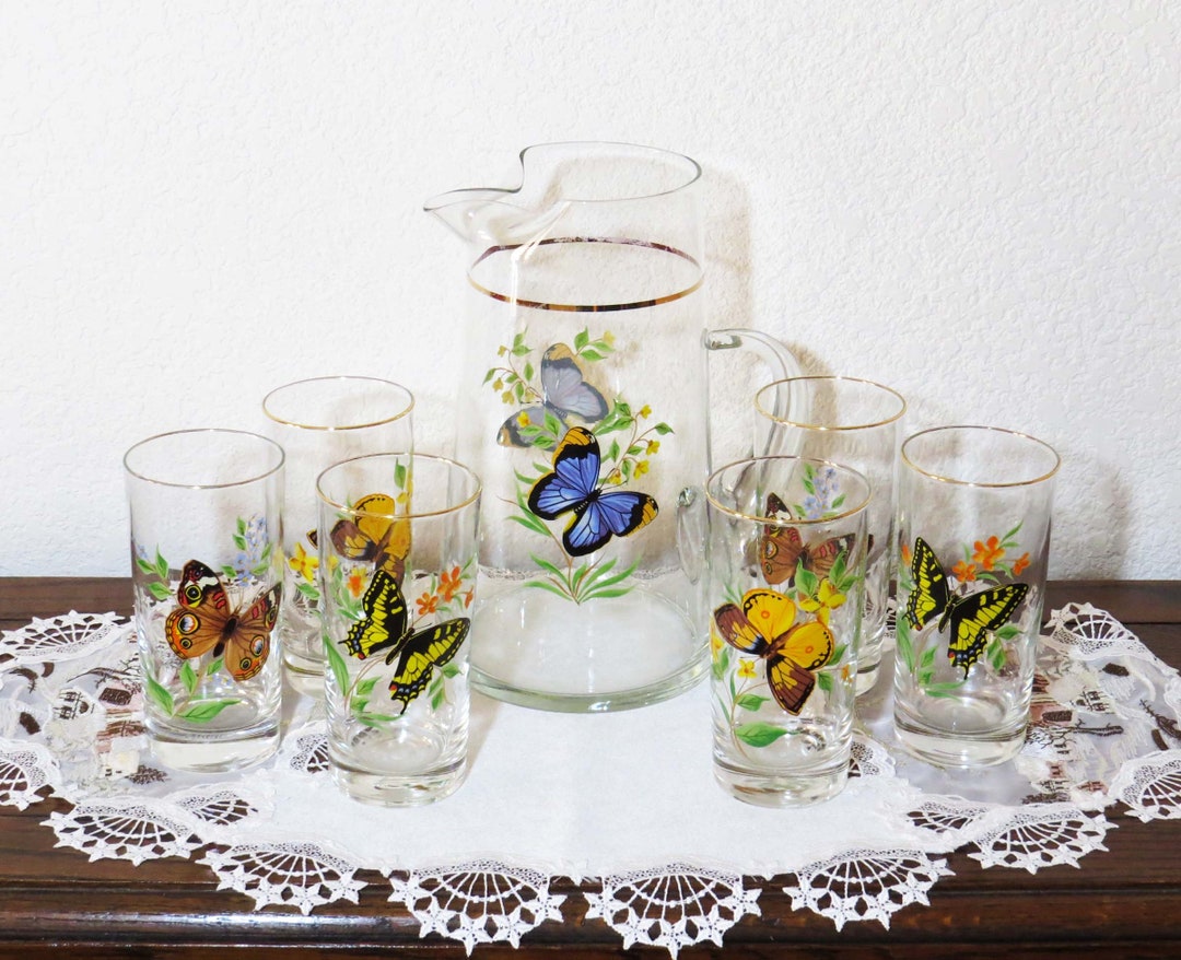Vintage West Virginia Glass Co. MONARCH BUTTERFLY PITCHER & 6 Tall
