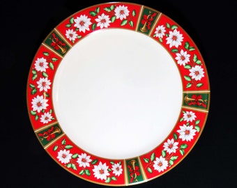 Sale!  Lot/4 CHARLTON HALL KOBE Christmas Dinner Plates - Made in Japan (1985-1995) - Classic White Floral on Red w Brass Trumpet