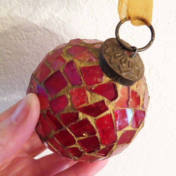 Vintage Red MOSAIC KUGEL-STYLE Glass Ornament w Bronze Cap 3" / Hand-made Heavy Glass Ornaments