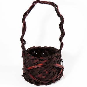 Vintage Japanese Bamboo Ikebana Vase: Lacquered Hanagako Basket, Twisted Handle